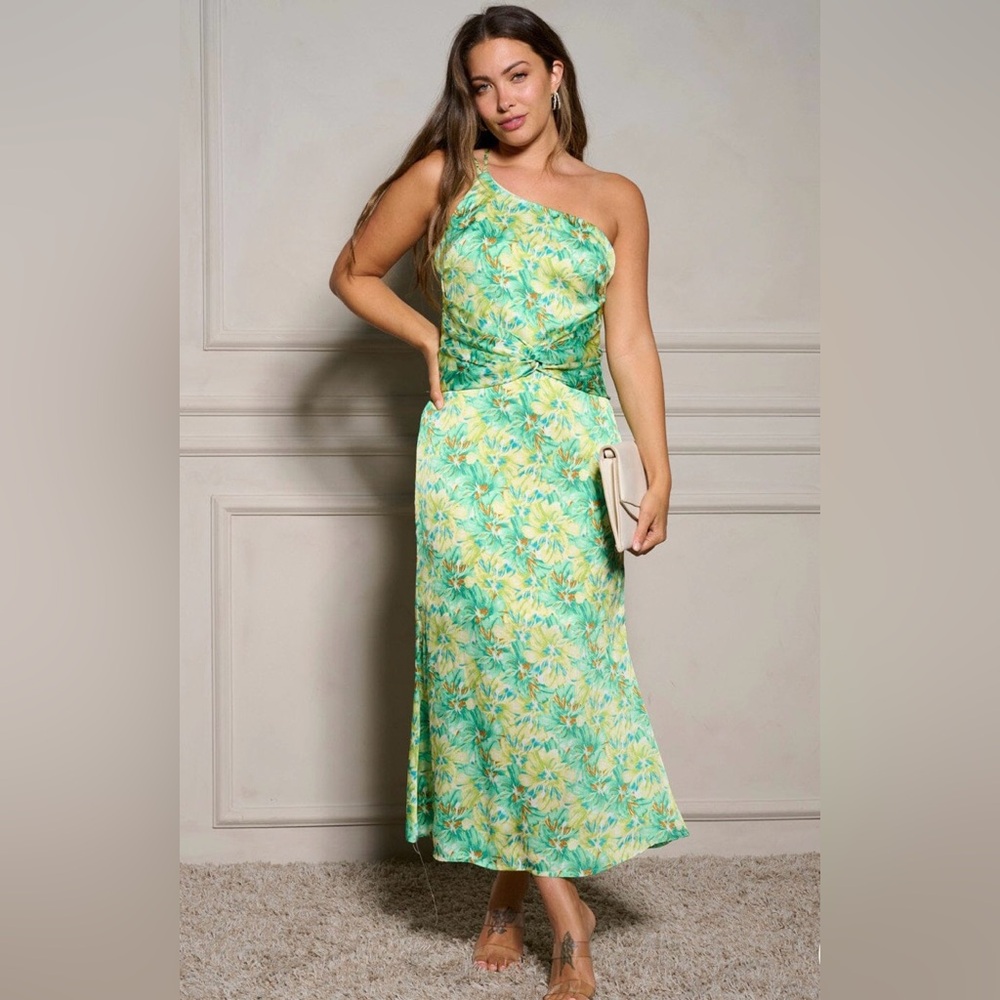 Green Yellow One Shoulder Maxi Dress Ruched Asymmetrical NWT Med Wedding Guest